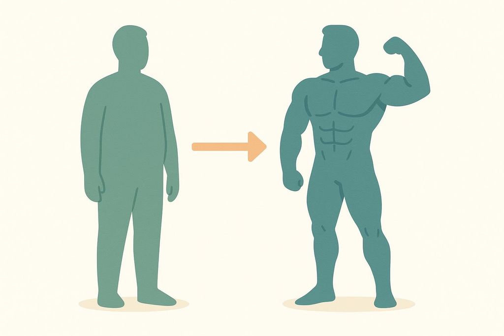 An illustration showing a comparison between a silhouette of a person with a higher body fat percentage and a silhouette of a more muscular person, labeled with an arrow symbolizing a change or improvement in body composition.