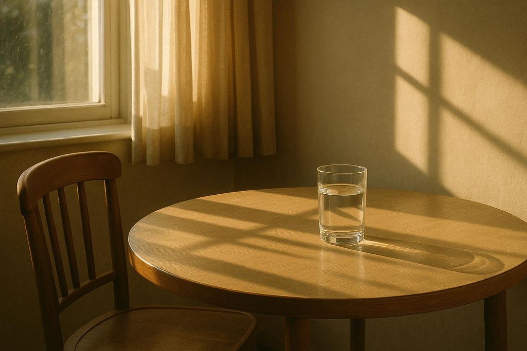 Morning sunlight casts strong shadows from a window and drapes onto a wooden table, where a single glass of water stands, catching the golden light. A wooden chair is visible to the left.
