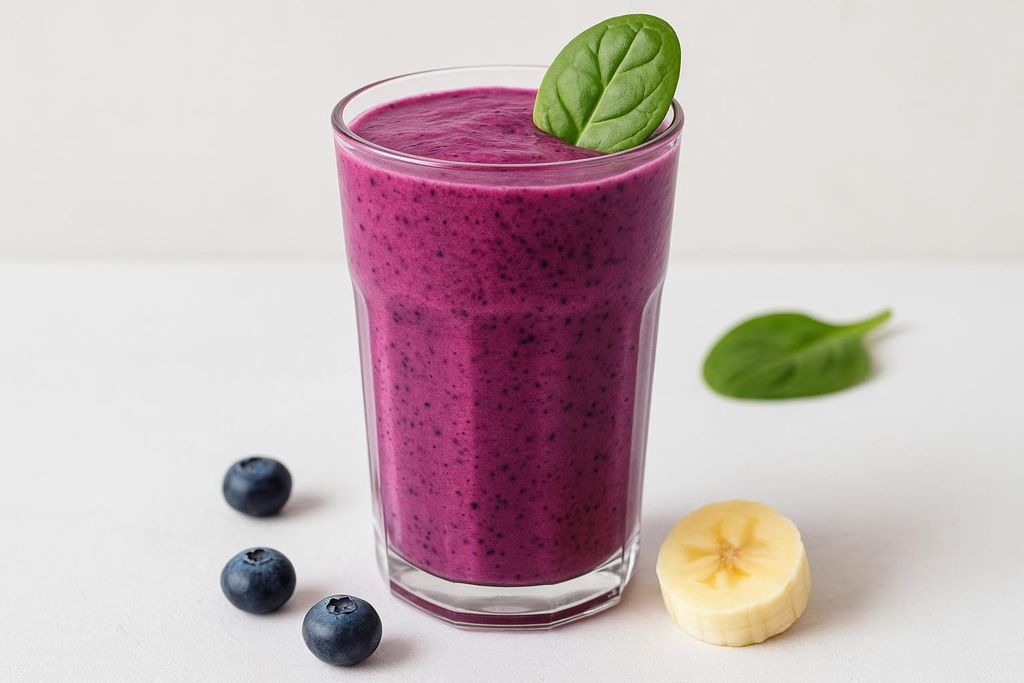 A vibrant purple blueberry and spinach smoothie in a tall glass, garnished with a spinach leaf. Three loose blueberries, a banana slice, and another spinach leaf are scattered on the white surface around the glass.