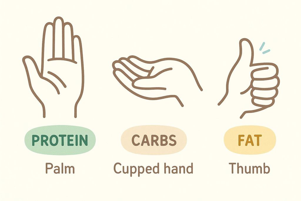 An illustration showing hand portion guides for food: a palm for protein, a cupped hand for carbs, and a thumb for fat.