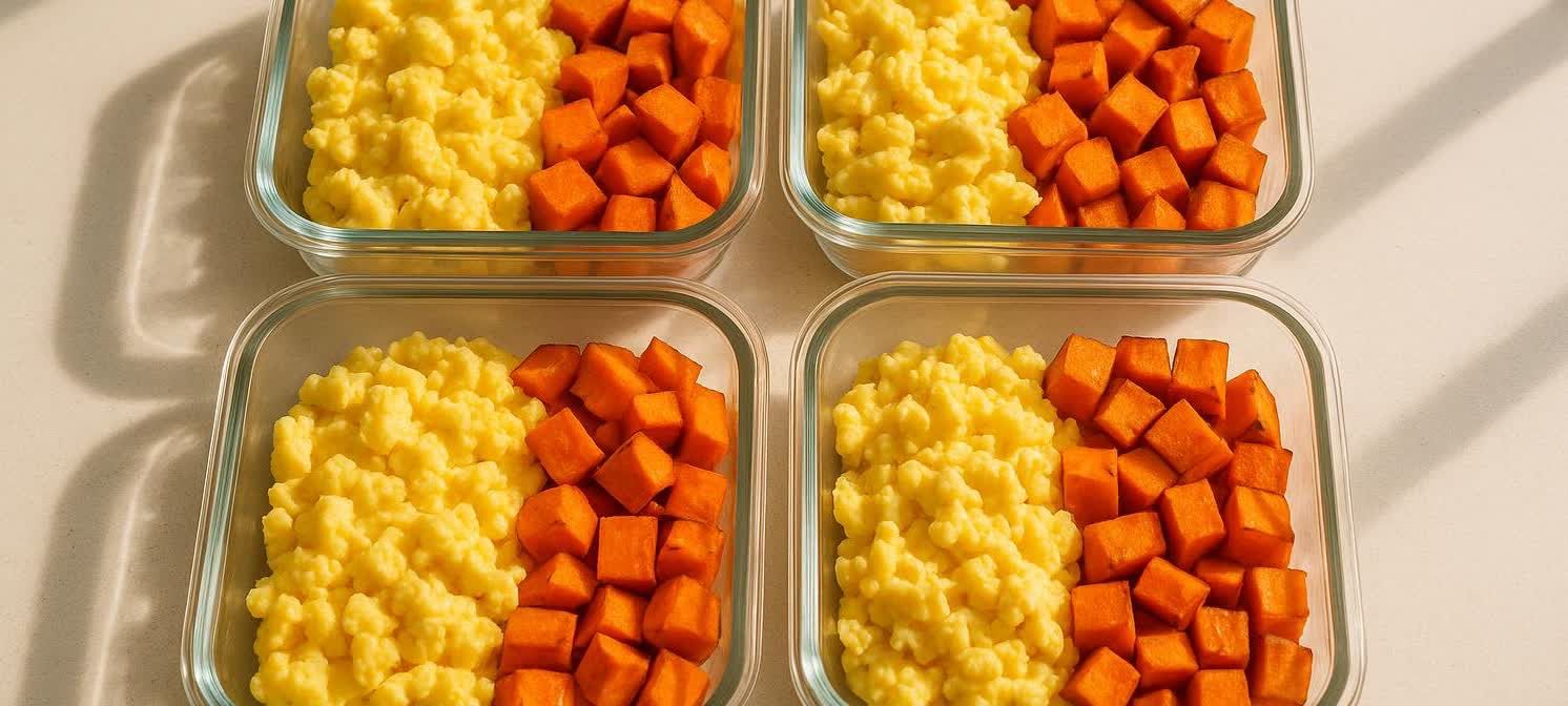 Four glass meal prep containers sit on a counter, each half-filled with scrambled eggs and half with diced sweet potatoes. The bright kitchen counter has shadows from a nearby window.