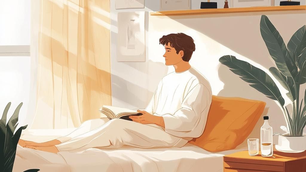 An illustration of a man relaxing in bed reading a book, with sunlight streaming in and a plant nearby.