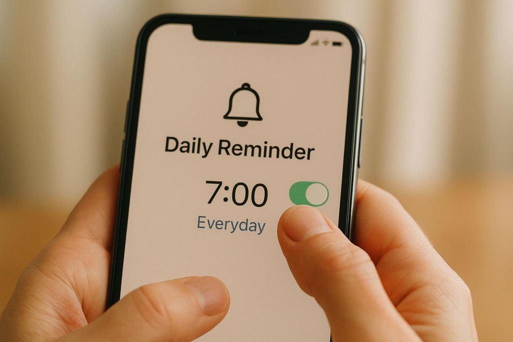 A hand holding a smartphone with a daily reminder set for 7:00 AM on the screen, highlighting the "Everyday" setting.