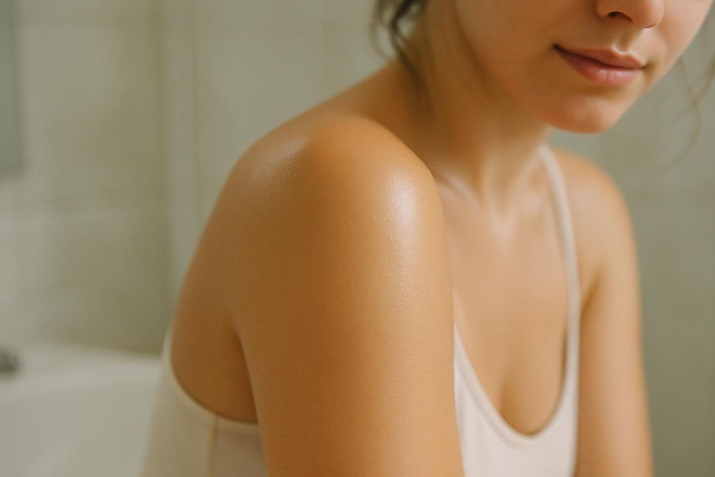 Close-up of a person's shoulder and upper arm with smooth, healthy, and glowing skin, suggesting hydration or moisturization. Part of their face, including lips, is visible in the upper right corner, and a white tank top strap is visible.
