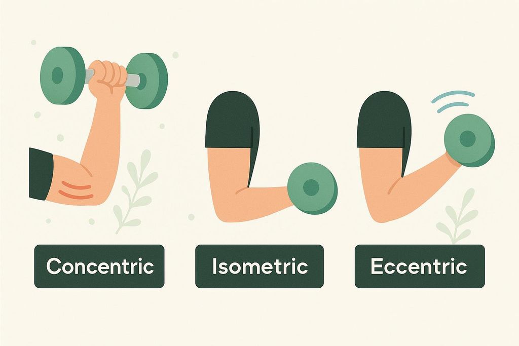 A diagram illustrating concentric, isometric, and eccentric muscle phases during a bicep curl exercise. The concentric phase shows a flexing arm lifting a dumbbell, the isometric phase shows an arm holding a dumbbell still at a right angle, and the eccentric phase shows an arm extending while lowering a dumbbell.