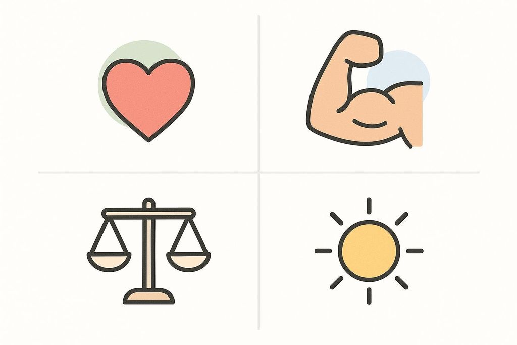 A set of four colorful icons representing the benefits of Nordic walking, including: a heart for improved heart health, a flexing bicep for muscle engagement, a balance scale for stability, and a sun for positive mood.
