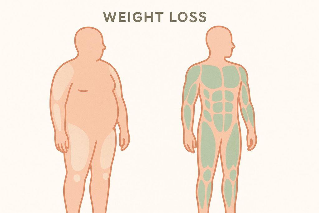 An illustration comparing two body types after weight loss. One figure on the right shows preserved muscle mass, indicated by green-shaded areas, implying collagen use. The figure on the left shows a larger, less muscular body, indicating typical weight loss without collagen.