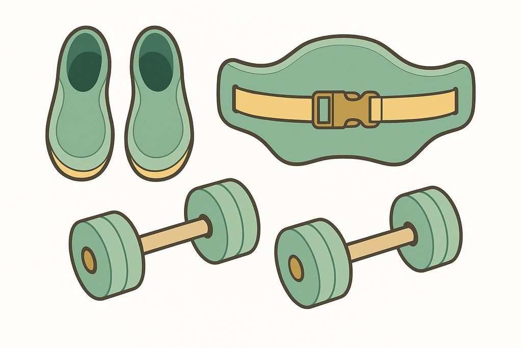 An illustration depicting essential water aerobics gear: light green water shoes, a matching aqua belt with a yellow strap and buckle, and two pairs of light green foam dumbbells with yellow handles, all against a plain white background.