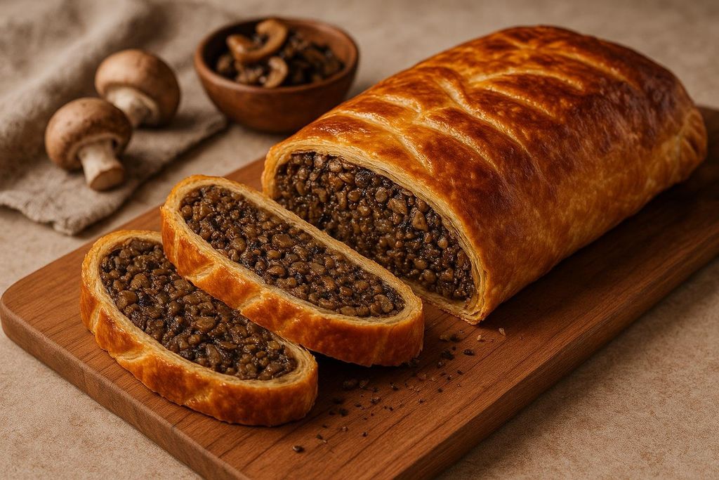 A golden-crusted vegan mushroom wellington, partially sliced to reveal a rich, savory filling. It sits on a wooden cutting board with fresh mushrooms and a bowl of mixed mushrooms in the background.