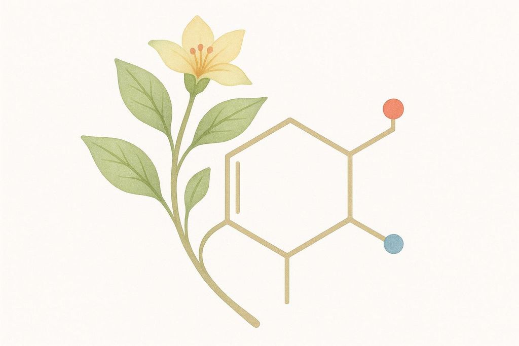 An illustration of a light yellow flower with green leaves and stem, merging into a chemical biology ring structure with a red and blue dot.