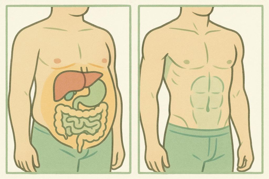 A before-and-after illustration of a male torso. The 'before' image shows a larger midsection with internal organs highlighted, indicating visceral fat. The 'after' image shows a leaner midsection with visible abdominal muscles, suggesting a reduction in visceral fat due to HIIT training.