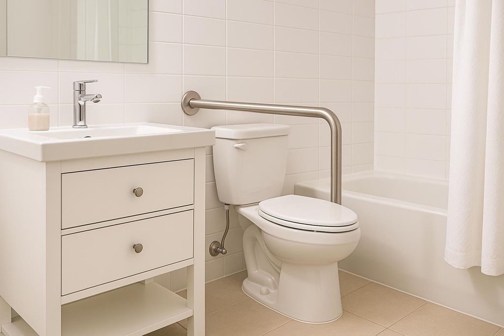 A clean, white bathroom featuring a toilet with a brushed nickel grab bar installed on the wall next to it. To the left is a white vanity with a sink and faucet, and to the right is a bathtub hidden by a white shower curtain, suggesting a focus on accessibility and safety.