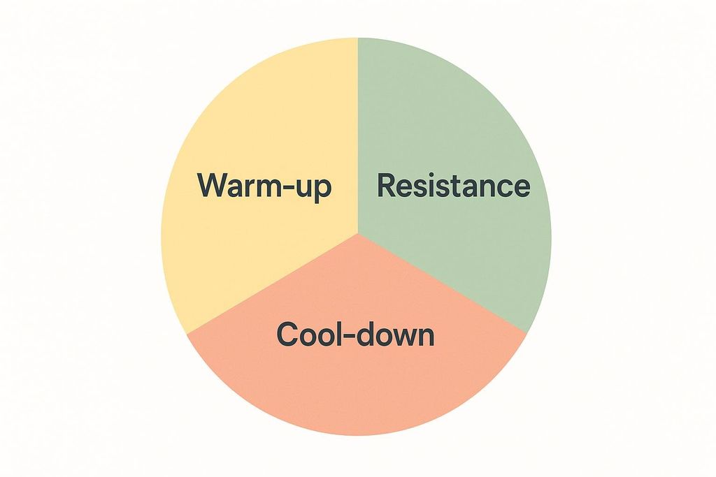 A pie chart showing three phases of an exercise routine: warm-up, resistance, and cool-down. Warm-up is in yellow, resistance in light green, and cool-down in light orange.