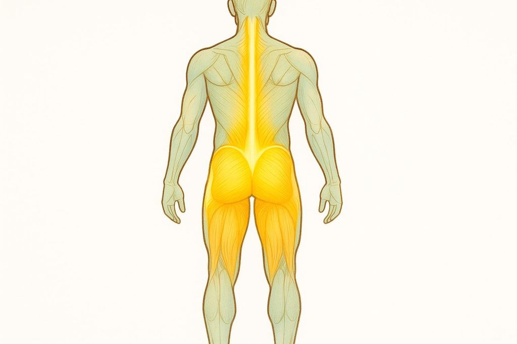 Anatomical illustration of the posterior chain, with the glutes, hamstrings, and lower back muscles highlighted in yellow on a light green human figure viewed from the back.