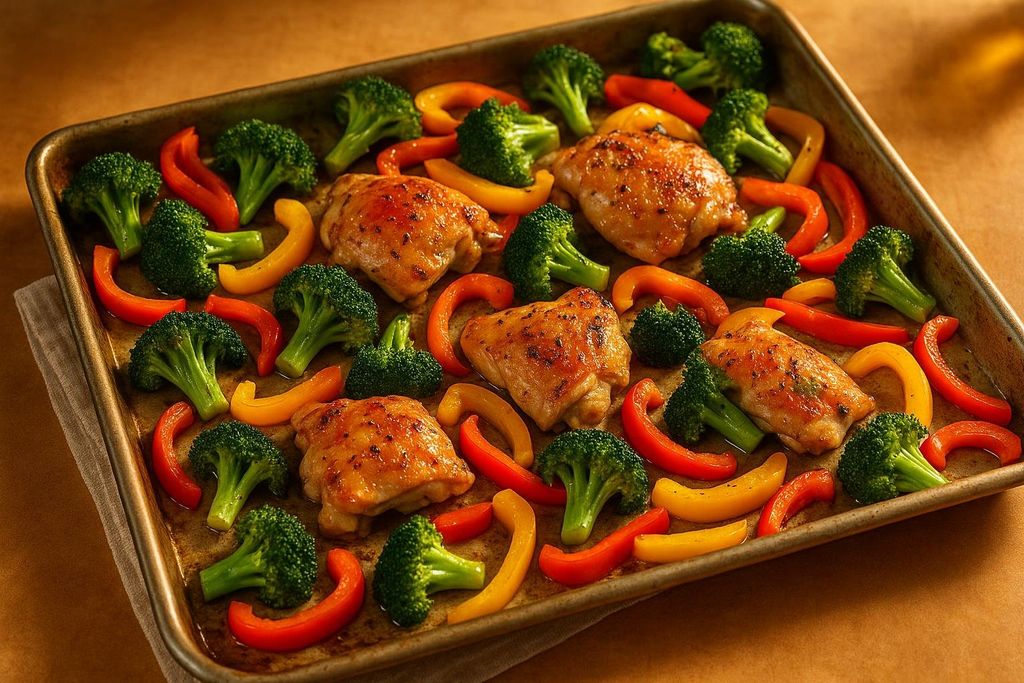 Sheet pan chicken dinner with red and yellow bell peppers and broccoli.