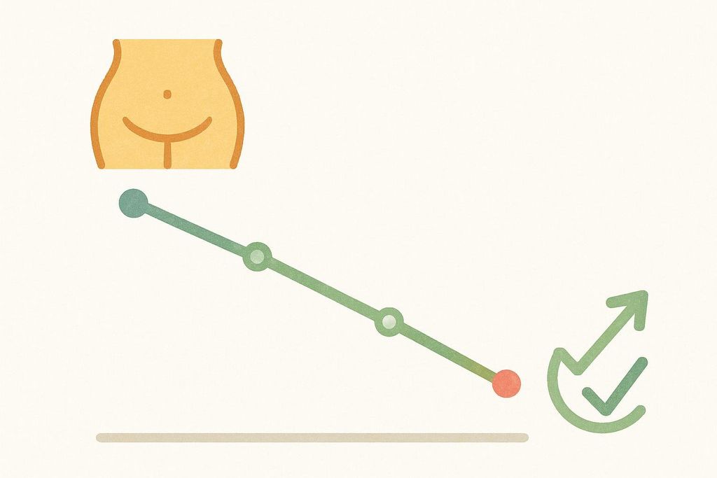 An illustration showing the lower torso of a person above a downward-sloping line graph with markers, ending with a upward-pointing arrow and checkmark.