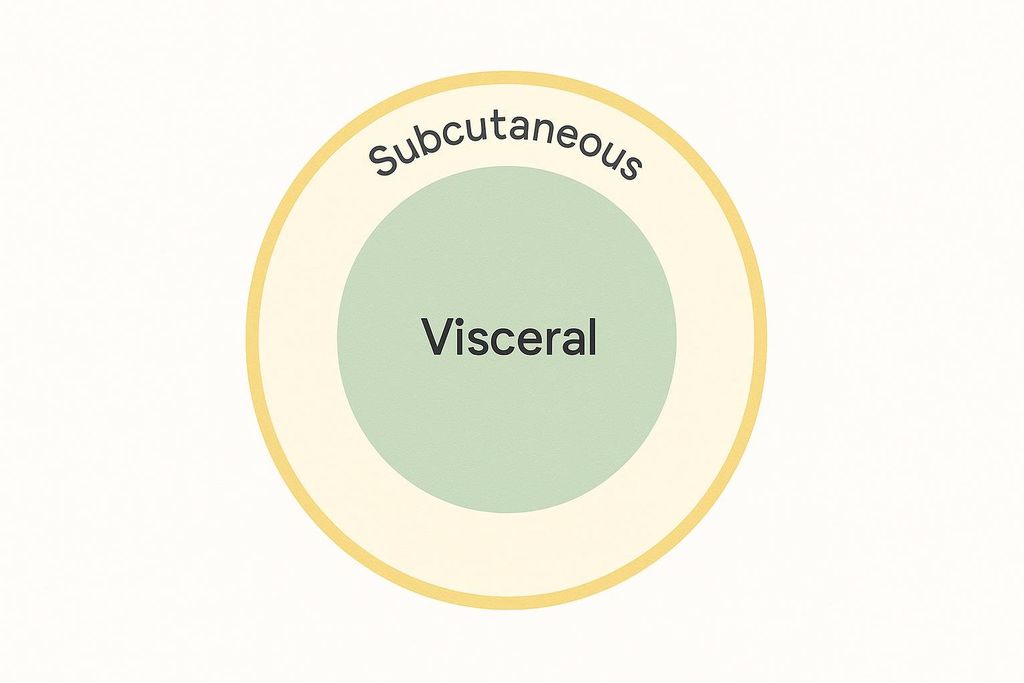 A circular diagram illustrating two types of fat: a larger outer ring labeled 'Subcutaneous' and a smaller inner circle labeled 'Visceral'. The background is light cream, the outer ring is light yellow, and the inner circle is light green.