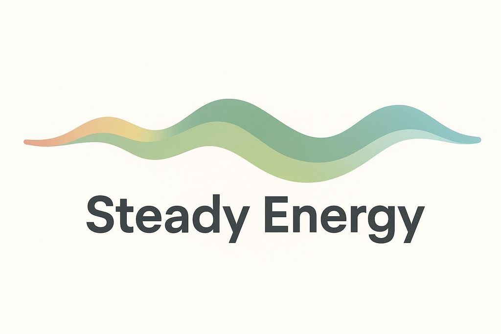 A logo for 'Steady Energy' featuring the words in dark gray below a smooth, colorful wave graphic. The wave transitions from orange and yellow on the left to shades of green and blue on the right, suggesting a continuous, fluid motion.