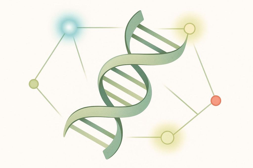 An illustration of a green DNA double helix at the center, surrounded by abstract geometric lines connecting illuminated and colored circular nodes, suggesting genetic or cellular networking.