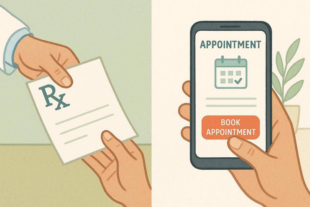 An illustration showing two paths to booking a medical appointment: a doctor's hand giving a patient a prescription or referral slip, and a patient's hand holding a smartphone displaying an 'Appointment' screen with a 'Book Appointment' button.