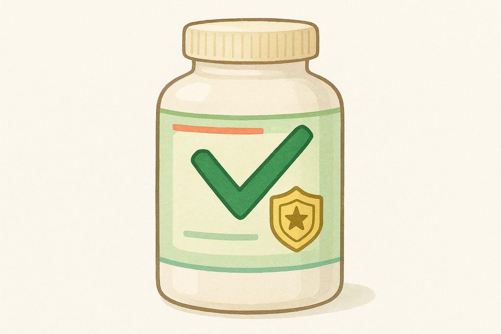 An illustration of a supplement bottle featuring a prominent green checkmark and a golden shield-shaped certification seal with a star, indicating that the product has undergone third-party testing for safety and quality.