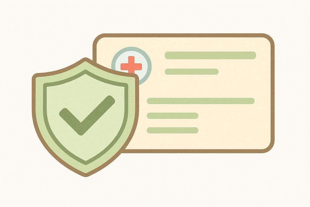 An illustration of a green shield with a checkmark next to a beige insurance card with a red medical cross, symbolizing insurance coverage.