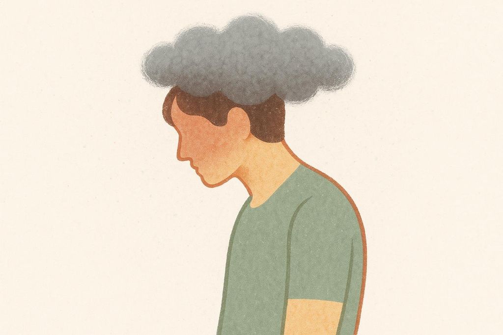 An illustration showing a person from the chest up, head down, with a dark grey cloud resting on their head, symbolizing brain fog and fatigue.