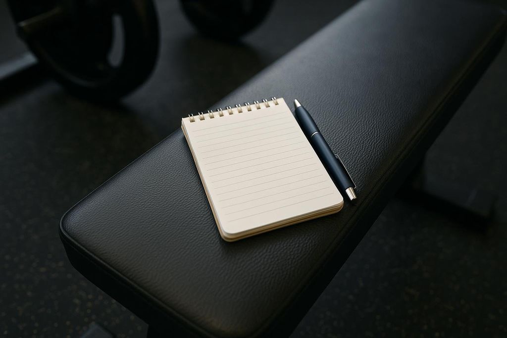 An open, spiral-bound notepad with lined paper and a dark blue pen resting on a black gym bench in a dimly lit gym.