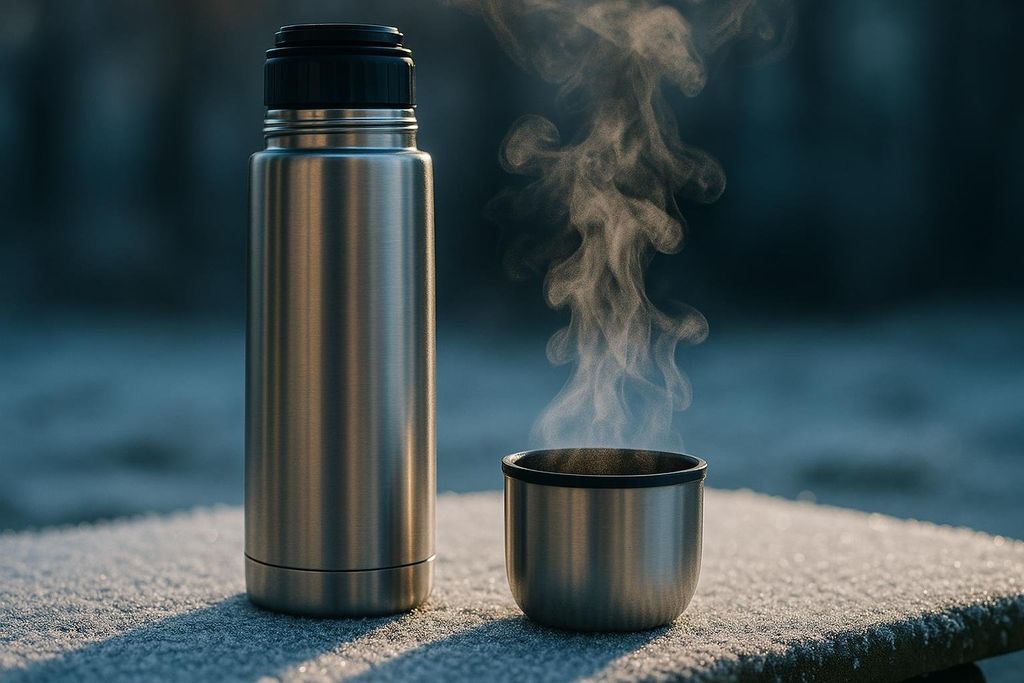 Steaming thermos on a frosty surface