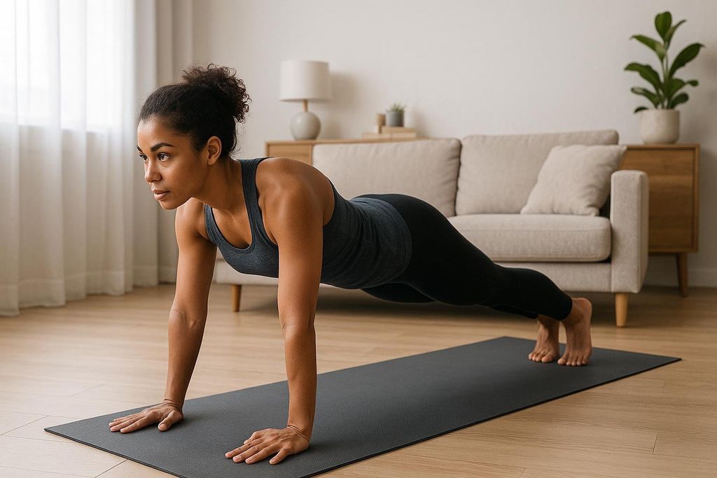 A young Black woman with curly hair tied back is performing a high plank exercise on a dark yoga mat. She is wearing a gray tank top and black leggings, maintaining a straight line from head to heels. In the background, a light-colored sofa, wooden furniture, and a potted plant are visible, indicating an indoor setting.