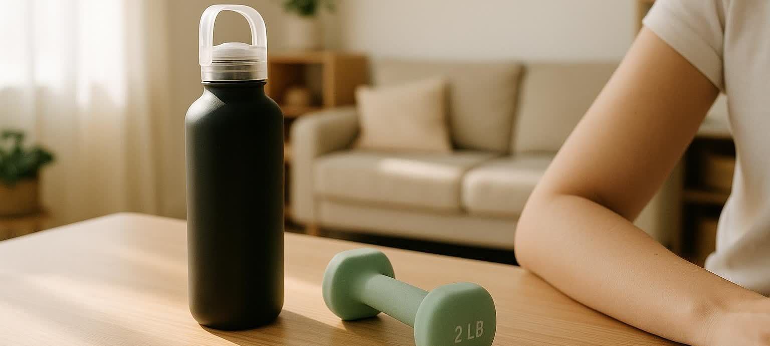 A black water bottle and a small 2 lb green dumbbell sit on a wooden desk.  In the background, a person's arm wearing a white shirt is visible, along with a beige sofa in a brightly lit room.