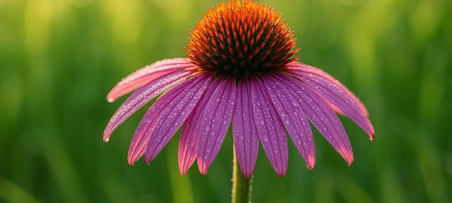 Close-up of a vibrant purple echinacea flower with an orange-brown central cone, covered in small dew drops, against a soft focus green background.