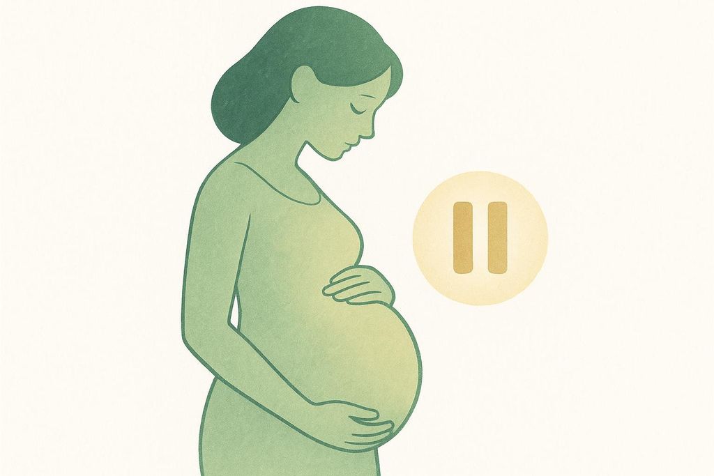 An illustration of a pregnant woman's silhouette in green, with her hands cradling her belly. A yellow circular icon with a pause symbol (two vertical lines) is positioned to her right, signifying that DEXA scans should be deferred during pregnancy.
