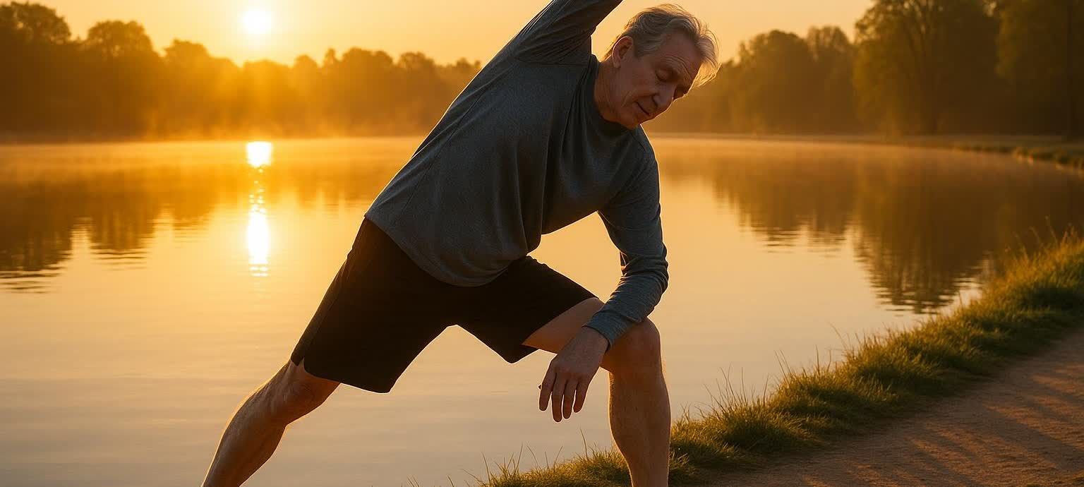 A mature man in athletic wear performing a side bend stretch with one arm raised and the opposite leg extended, beside a calm lake at sunrise. The golden light of the sun reflects brightly on the water.