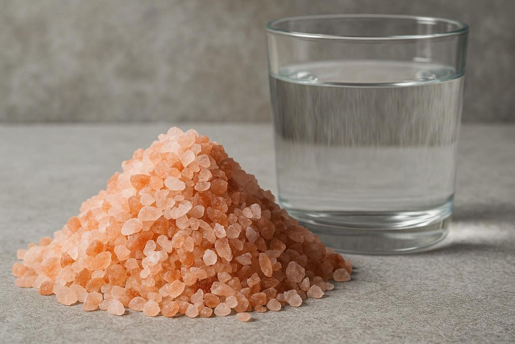 A pile of pink Himalayan salt crystals sits next to a clear glass of water on a gray surface, suggesting electrolyte supplementation or a healthy lifestyle.