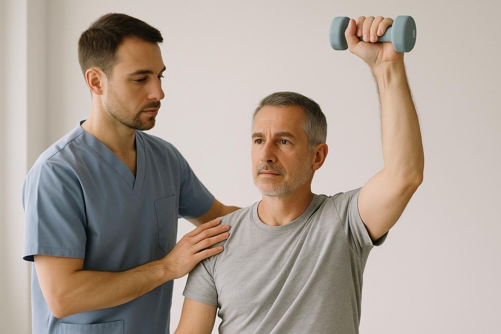 A physical therapist in a blue uniform is assisting an older male patient with an arm exercise. The patient is holding a light blue dumbbell above his head while the therapist gently places a hand on his shoulder.