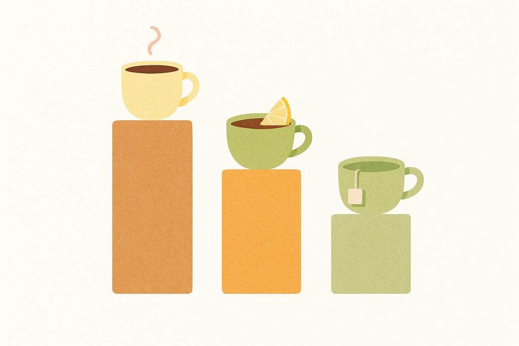 A simple bar chart comparing the approximate caffeine content in brewed coffee, black tea, and green tea. The coffee cup is on the tallest bar, black tea on a medium bar, and green tea on the shortest bar, indicating decreasing caffeine levels.