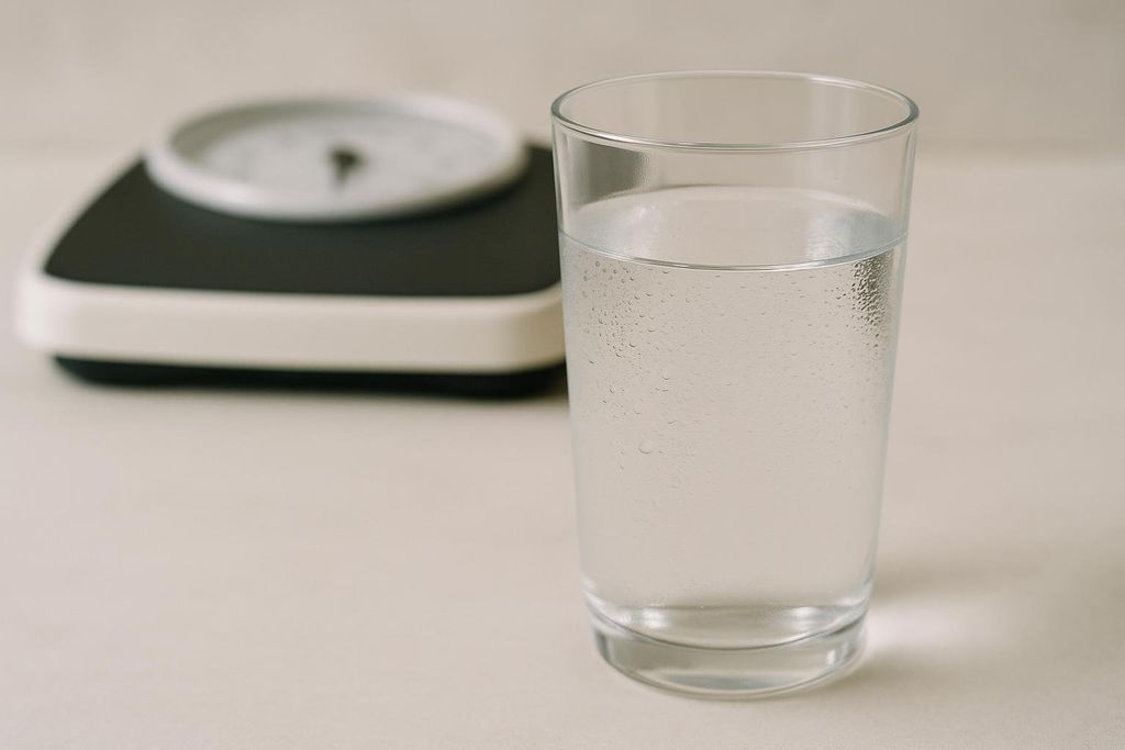 A clear glass of water with condensation, in sharp focus, sitting in front of a blurred bathroom scale, suggesting themes of hydration, weight, and health.