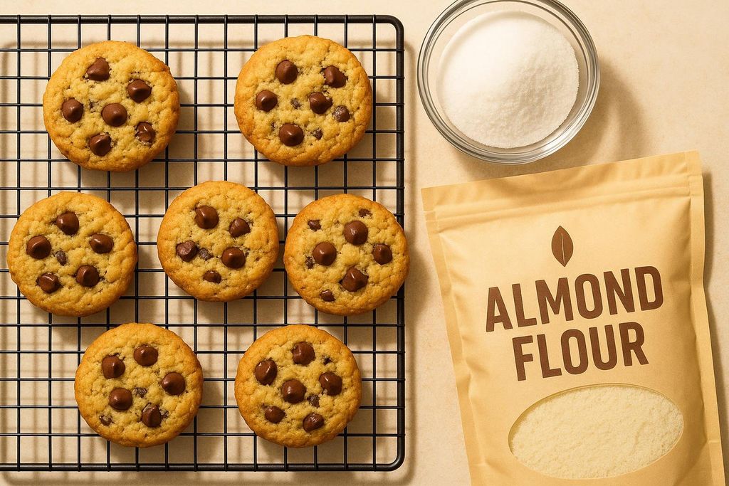 Overhead shot of freshly baked keto chocolate chip cookies on a wire rack next to a bowl of granulated allulose and a package of almond flour, highlighting the ingredients for low-carb baking.