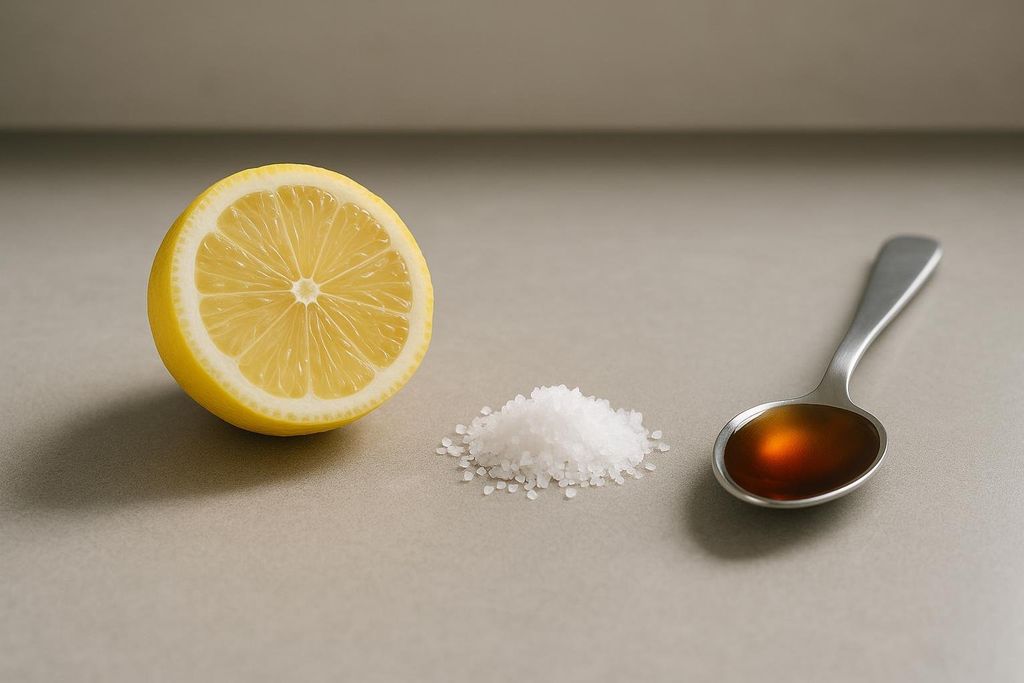 Ingredients for homemade electrolytes: a sliced lemon half, a small pile of sea salt, and a spoon filled with maple syrup, all arranged on a neutral background.