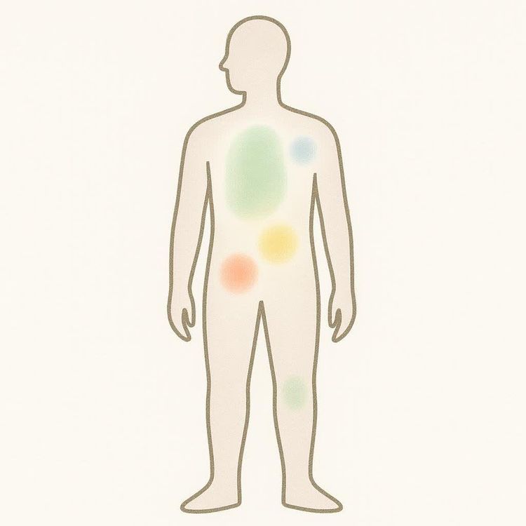 Minimalist illustration of a human silhouette facing left with internal abstract glowing areas of green, blue, yellow, and orange, symbolizing a body scan.