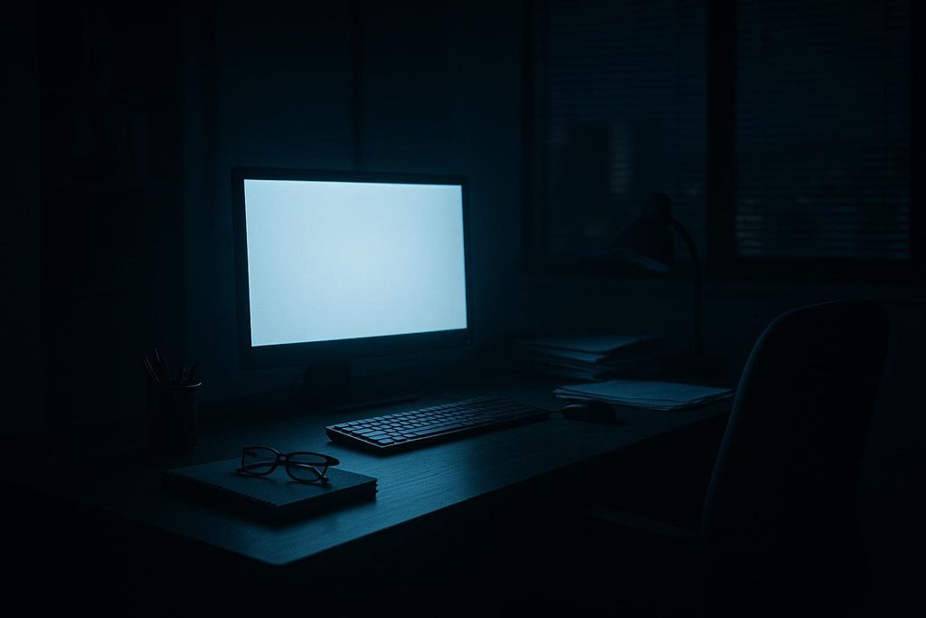 An empty office desk at night with a stark white glowing computer screen. A keyboard, an empty pen holder, glasses on a notebook, and stacks of paper are visible in the dimly lit room.