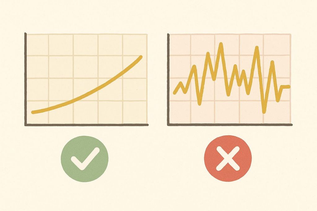 Illustration showing two graphs: one on the left with a smooth, upward-trending yellow line labeled with a green checkmark, representing desirable or accurate data. The graph on the right contains a jagged, erratic yellow line labeled with a red 'X', representing undesirable or inaccurate data.