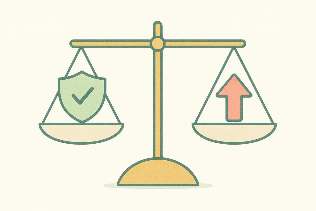 An illustration of a balanced scale with a green shield containing a white checkmark on the left and an orange upward-pointing arrow on the right, symbolizing balance between protection and growth.