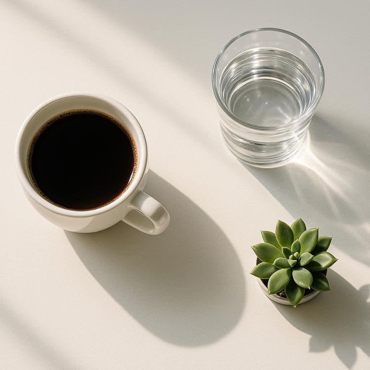 Black coffee and water on a desk representing fasting morning