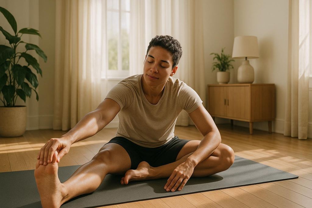A person engaging in active recovery by stretching on a yoga mat on a rest day, demonstrating the flexibility achieved through an exercise split.