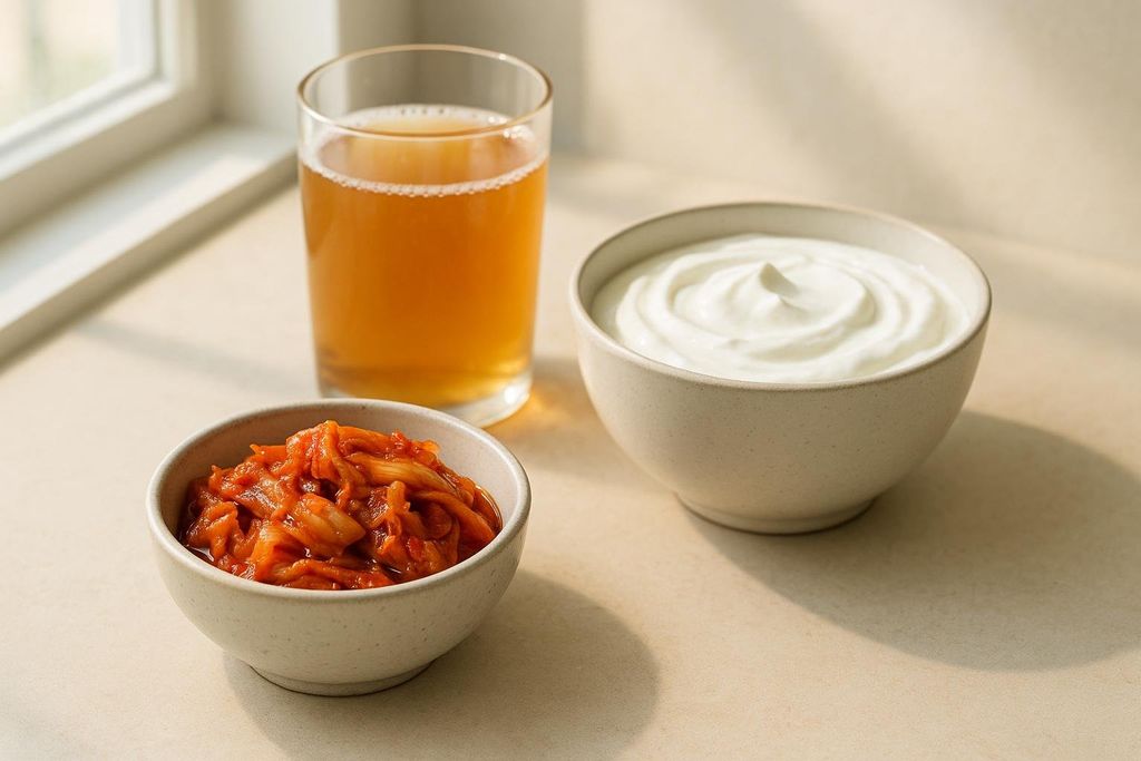 A photo of probiotic foods: a bowl of reddish-orange kimchi, a bowl of white Greek yogurt, and a glass of golden-brown kombucha. They are arranged on a light-colored surface near a window with sunlight.