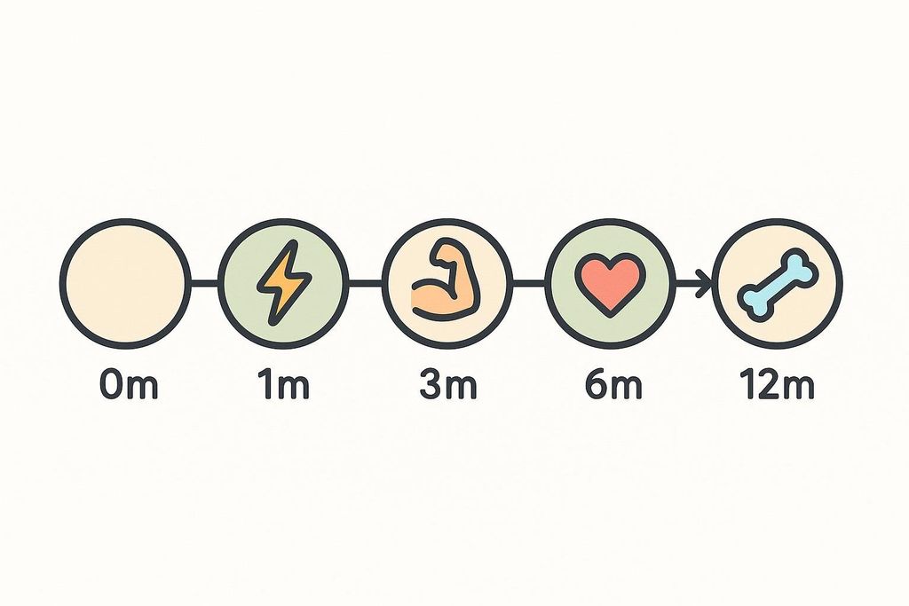 Timeline showing months 0, 1, 3, 6, and 12 with icons for each milestone