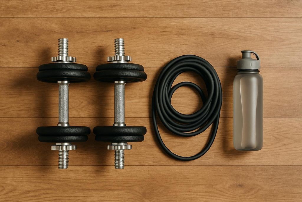 A flat lay shot of two dumbbells, a coiled black resistance band, and a grey water bottle, all resting on a wooden floor.