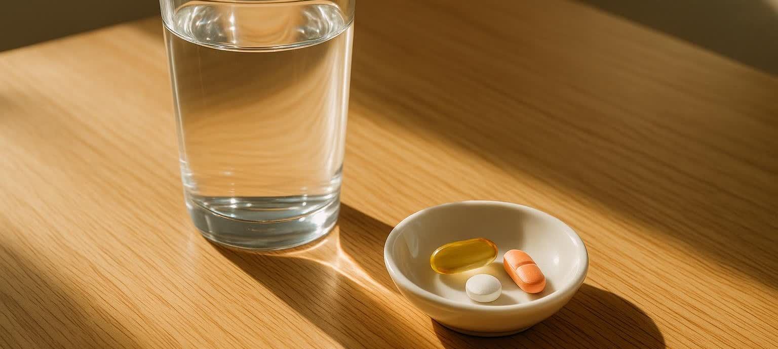 A clear glass of water sits next to a small white dish holding three pills of different colors and shapes on a light wooden table. Sunlight casts shadows on the table.